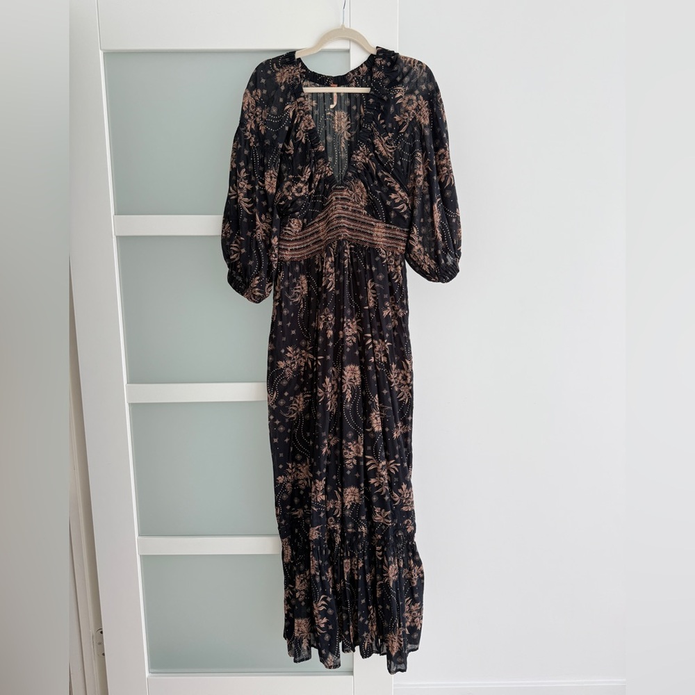 Free People Maxi Black and Brown Floral Smocked Dress